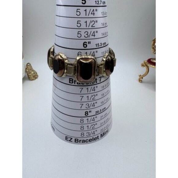 LIZ CLAIBORNE Signed LS Purple Glass Cabochons Two Gold Tone Wide Bracelet VTG - Picture 6 of 13